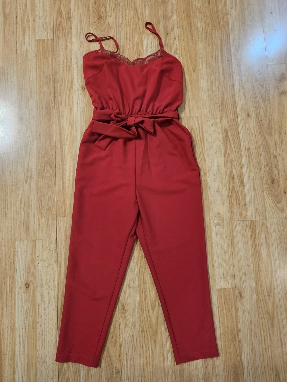 Elegant Red Spaghetti Strap Jumpsuit with Waist Tie & Lace Trim